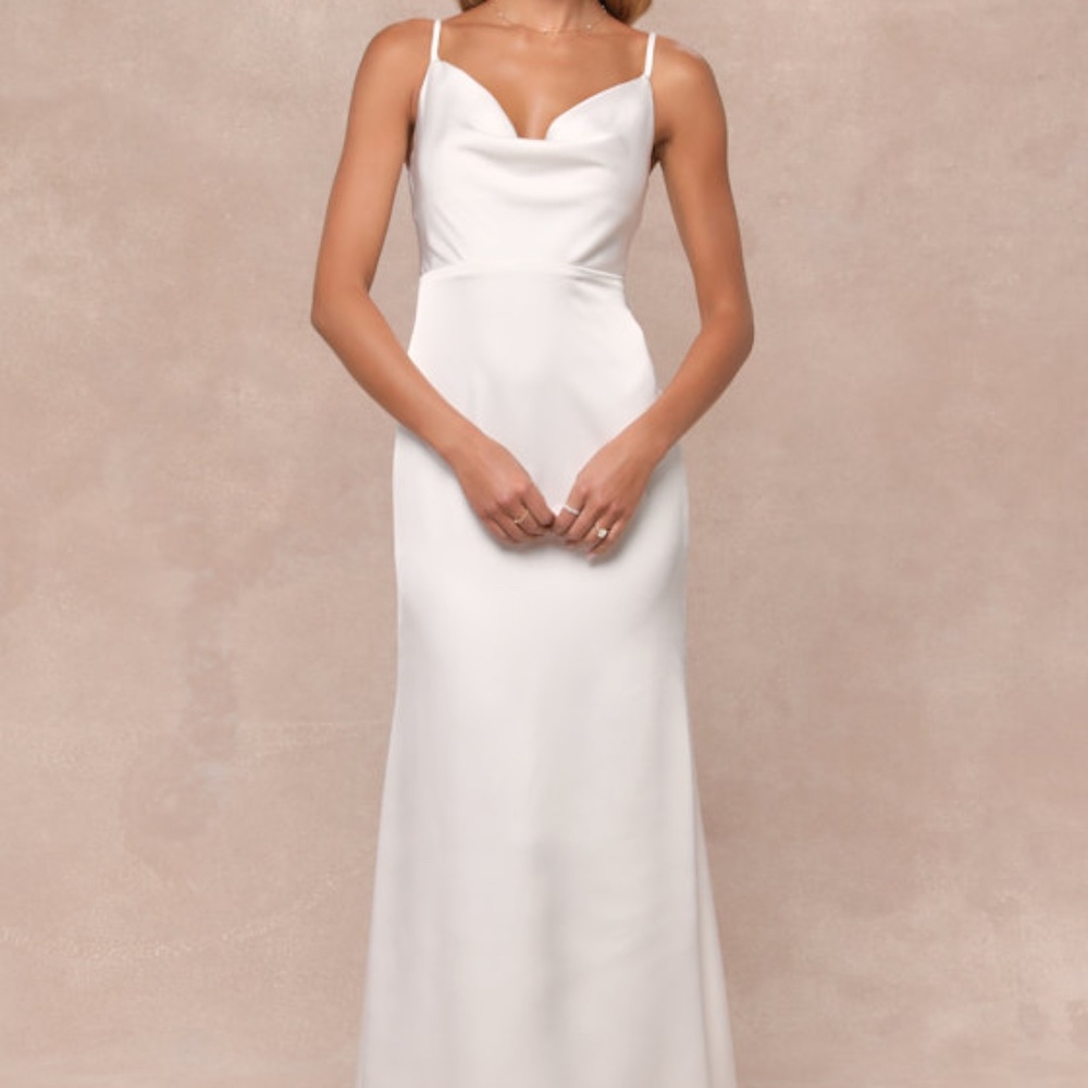 Lulus Pristine Romance White Satin Cowl Neck Mermaid Maxi Dress - Size S